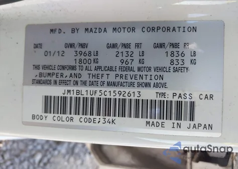 2012 Mazda Mazda3 I Sport z USA, uszkodzony, nr VIN JM1BL1UF5C1592613